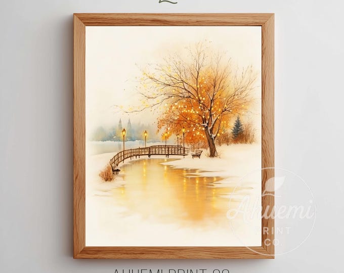 Printable Vintage Winter Village Scene - Cozy Snowy Landscape, Romantic Arched Bridge, Festive Rustic Decor, Muted Wall Art Download 233