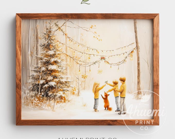 Children Stringing Garland Winter Scene Art – Rustic Holiday Print (Digital Download)