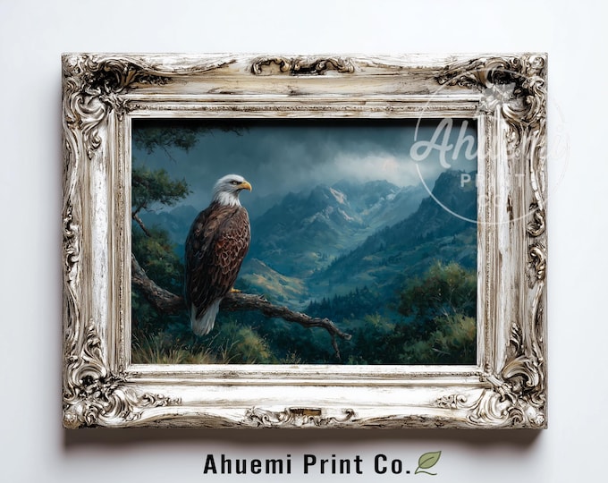 Rustic Bald Eagle in Storm Painting - Moody Wildlife Art, Windswept Tree Scene, Dramatic Nature Wall Decor, Printable Regal Artwork 418