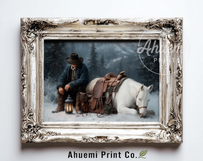 Moody Cowboy Beside Resting Horse - Vintage Western Saddle Scene, Rustic Snowy Landscape, Printable Winter Art, Digital Download 425