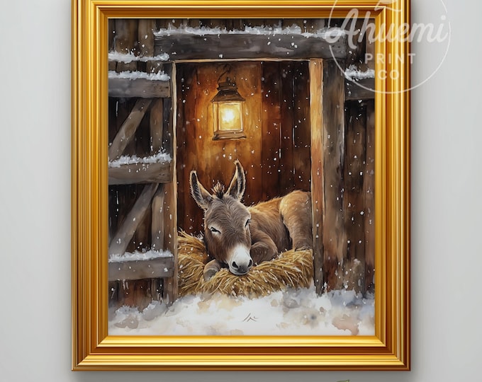 Winter Donkey Art Print Painting – Rustic Farmhouse Stable Scene (Printable)