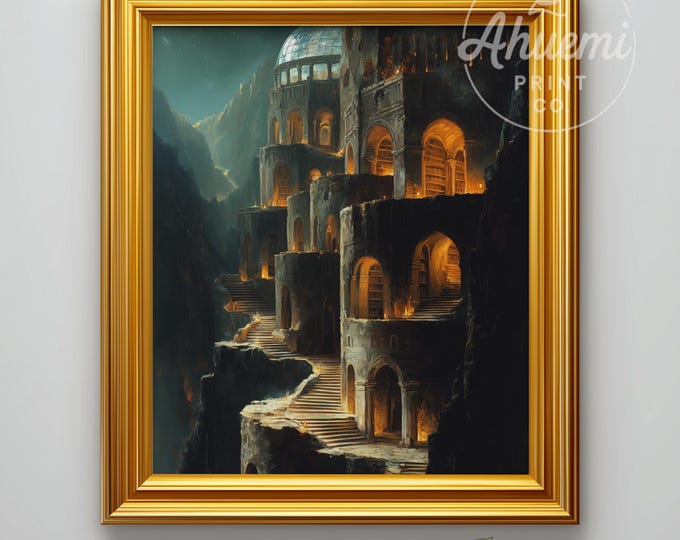 Dark Mountain Library Printable - Dramatic Ancient Stone Architecture, Vintage Fantasy Wall Art, Mystical Landscape, Digital Download 489
