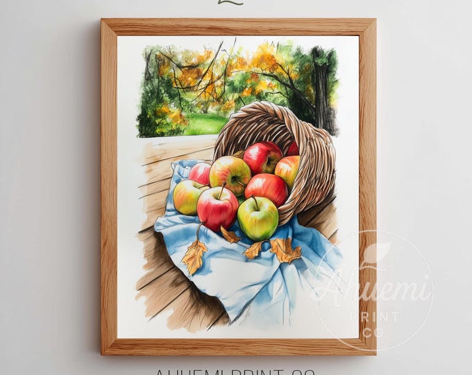 Rustic Apple Basket Watercolor Painting – Autumn Farmhouse Art (Digital Download)