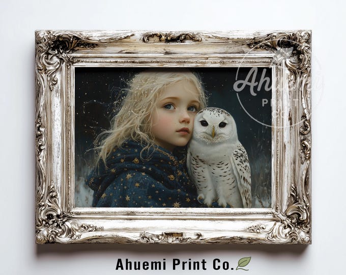 Moody Child and Snowy Owl Fantasy Portrait - Cottagecore Fairytale Wall Art, Starry Night Cloak, Winter Wonder, Digital Printable Art 537