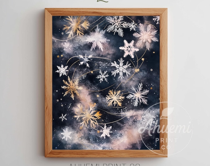 Dreamy Celestial Snowflakes Painting - Winter Print, Moody Watercolor Art, Festive Starry Sky, Indigo & Gold Accent, Digital Download 228