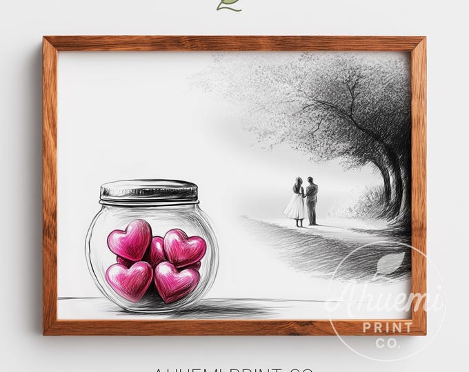 Heart Candies Jar Print – Romantic Minimalist Wall Art (Digital Download)