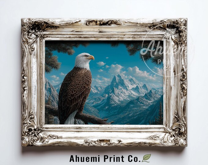 Majestic Bald Eagle Printable - Realistic Wildlife Art, Mountain Landscape, Rustic Cabin Decor, Farmhouse Wall Art, Digital Download 366
