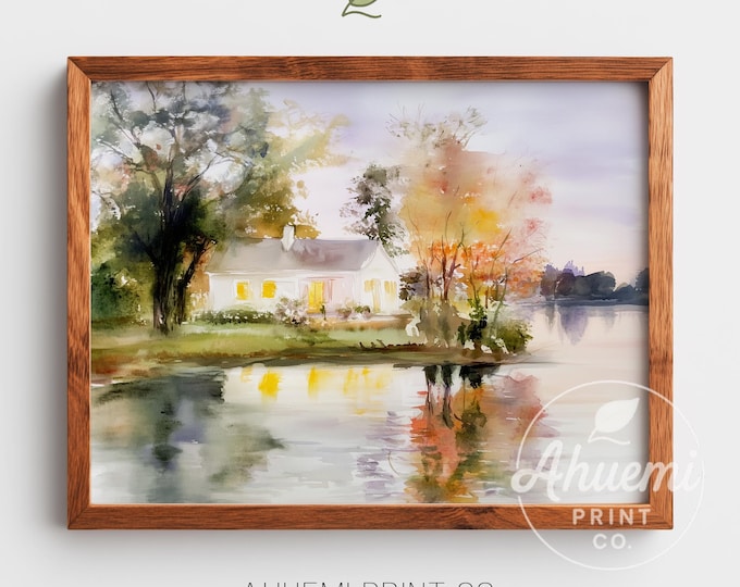 Lakeside Cabin Watercolor Print – Rustic Cottagecore Wall Art (Digital Download)