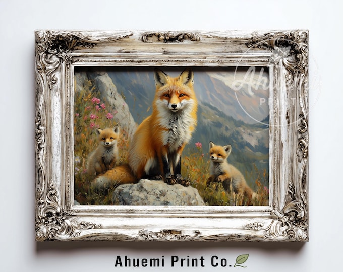 Rustic Sierra Nevada Red Fox Family Art - Realistic Wildlife Painting, Cottagecore Woodland Scene, Printable Wildlife Wall Decor 450