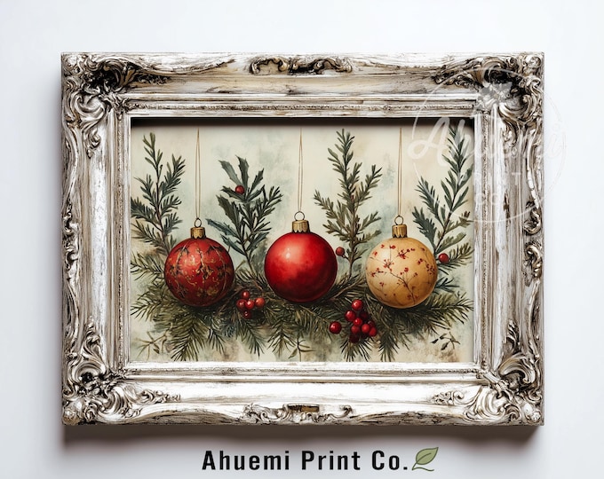 Vintage Christmas Baubles Watercolor Art – Festive Holiday Print (Digital Download)