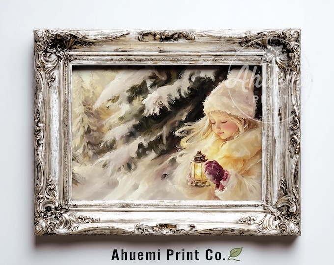 Winter Girl Lantern Painting - Snowy Pine Grove Vintage Art (Digital Download)