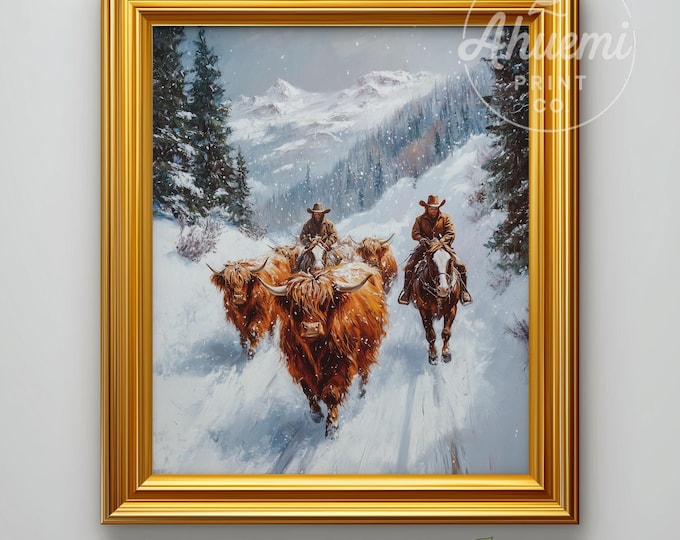 Highland Cattle Drive Print – Winter Western Landscape (Digital Download)