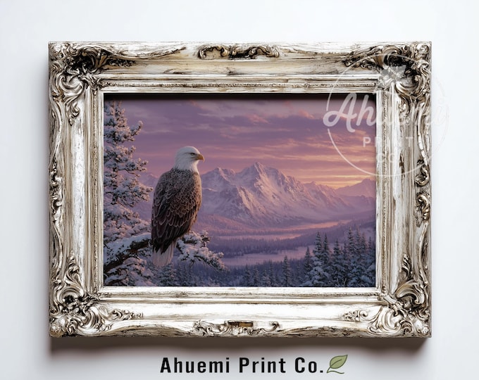 Majestic Winter Eagle Painting - Printable Wildlife Art, Snow-Dusted Mountains, Rustic Nature Decor, Serene Sunset Sky, Digital Download 361