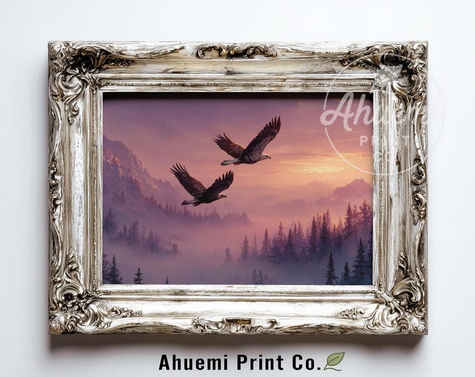 Majestic Eagles in Flight - Moody Landscape Printable Art, Serene Nature Scene, Rustic Decor with Misty Mountain and Sunrise Sky 448