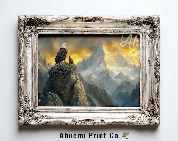 Bald Eagle Family on Cliffside Nest - Majestic Wildlife Printable, Moody Mountain Landscape, Rustic Cabin Wall Art, Digital Decor 443