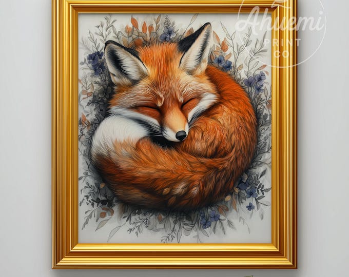 Cozy Cottagecore Red Fox Printable Art - Rustic Nature Fine-Line Study, Peaceful Earthy Tones, Botanical Accent, Digital Download 570