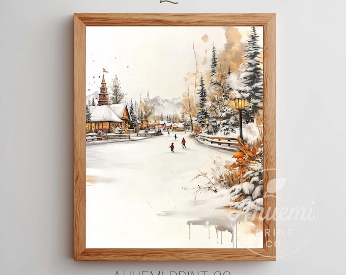Winter Village Plaza Printable Art - Cozy Rustic Scene with Children Ice Skating, Festive Holiday Decor, Digital Download Painting 243