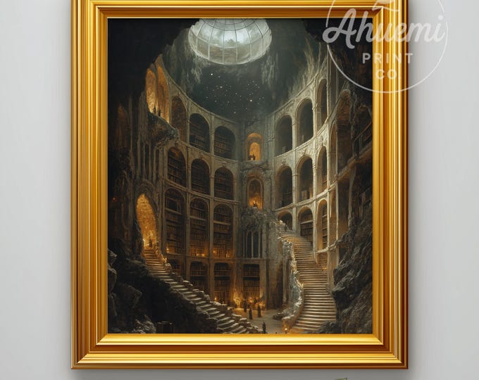 Moody Gothic Colossal Stone Library Printable Art - Dramatic Fantasy Rotunda, Arched Book Alcoves, Cozy Lighting, Digital Download 488