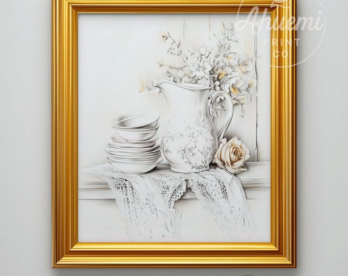 Cottagecore Still Life Print – Vintage Pitcher, Floral Accents (Digital Download)