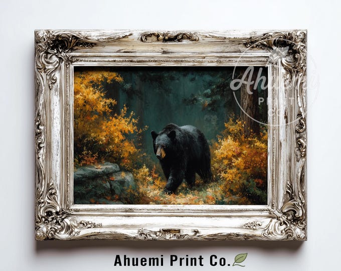 Moody Autumn Black Bear Painting, Printable Rustic Wildlife Wall Art, Cozy Cabin Decor in Warm Earthy Tones, Fallen Leaf Forest Scene 399