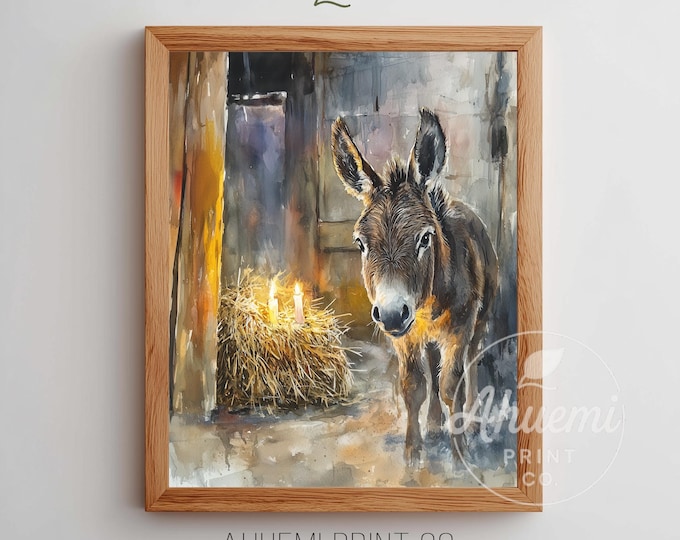 Donkey Art Print Christmas Manger Watercolor Art – Peaceful Printable (Digital Download)