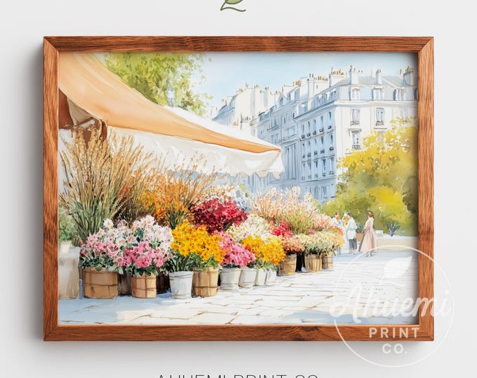 Cottagecore Flower Market Watercolor Painting – European Floral Stall Art (Digital Download)
