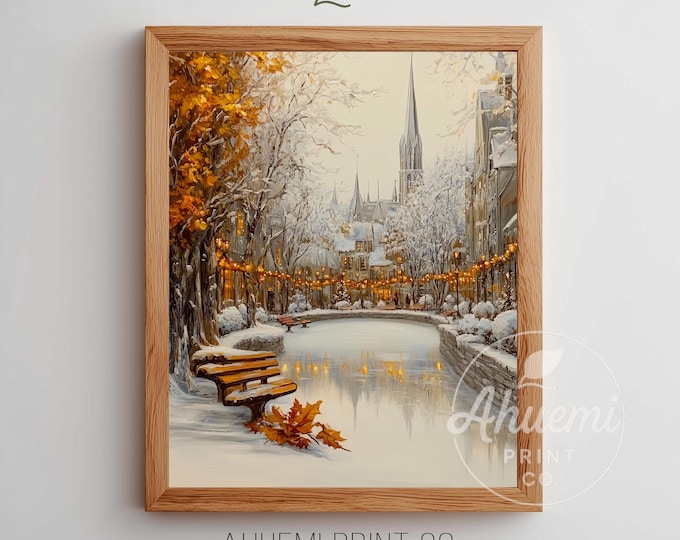 Winter Vintage Village Ice Skating Print, Printable Festive Holiday Decor, Cozy Snowy Scene, Frosty Pond and Trees, Digital Download 234