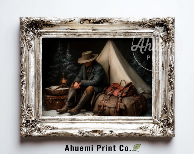 Rustic Cowboy Camp at Night - Moody Americana Western Scene, Vintage Western Decor, Printable Art, Downloadable Painting, Camping Art 422