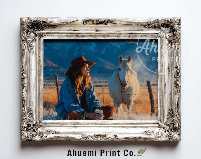 Rustic Cowgirl with Horse Printable - Western Wall Art, Moody Pastoral Scene, Frost-Dusted Field, Cozy Cottagecore Digital Download 405