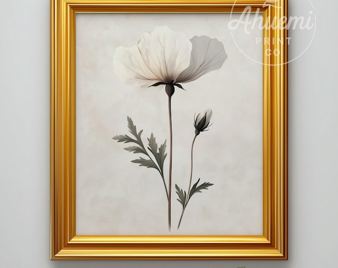 Neutral Printable Poppy Botanical Art - Minimalist Ink Linework, Soft Watercolor, Scandinavian Farmhouse Decor, Digital Download 575