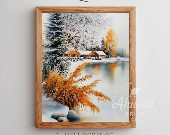 Rustic Winter Cabins on Frozen Lake - Cozy Cottagecore Village Scene, Vintage Landscape Painting, Printable Wall Art, Digital Download 263