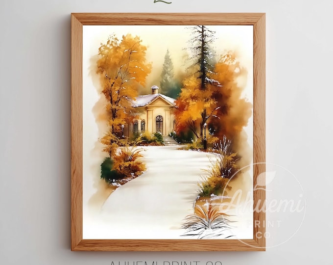 Rustic Cottage on Winding Path - Cozy Autumnal Landscape Art, Cottagecore Village Scene, Vintage Watercolor Painting, Printable Download 264