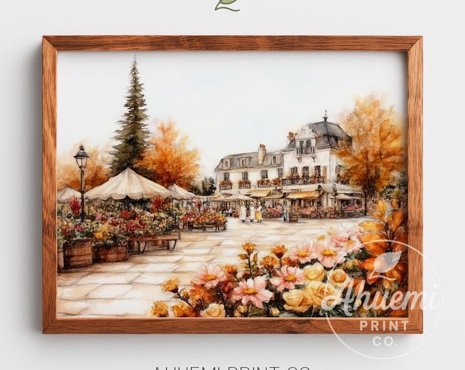 European Flower Market Watercolor Print – Rustic Cottagecore Autumn (Digital Download)
