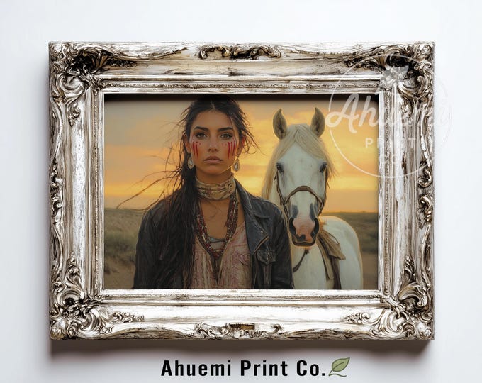 Moody Western Portrait - Rustic Desert Sunset Scene, Bold Red Facial Marks, Photorealistic Digital Art, Printable Cowboy Wall Decor 539