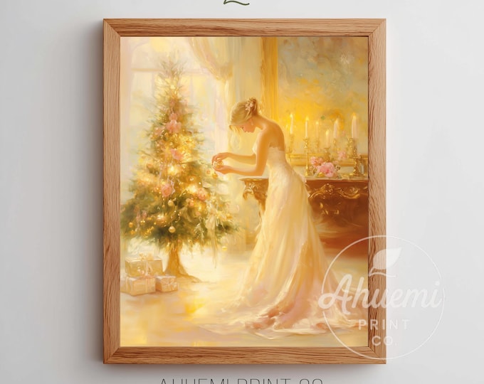 Pink Christmas Tree Painting, Elegant Woman Festive Decor (Digital download)