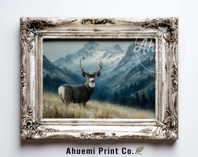 Moody Mule Deer Stag in Meadow Printable - Rustic Cabin Landscape Art, Serene Wildlife Painting, Mountain Lodge Decor, Digital Download 395