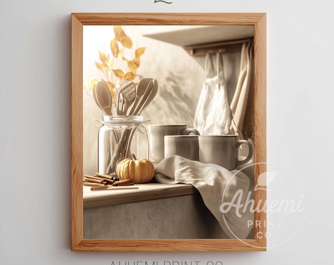 Cozy Fall Still Life with Ceramic Mugs - Rustic Kitchen Shelf Art, Warm Farmhouse Decor, Autumn Printable Wall Art, Digital Download 81