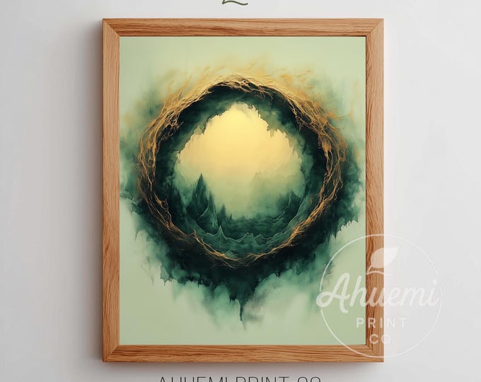 Rustic Forest-Inspired Wreath Print, Moody Abstract Circular Painting, Deep Green Teal Pine Branch Art, Printable Cottagecore Decor 225