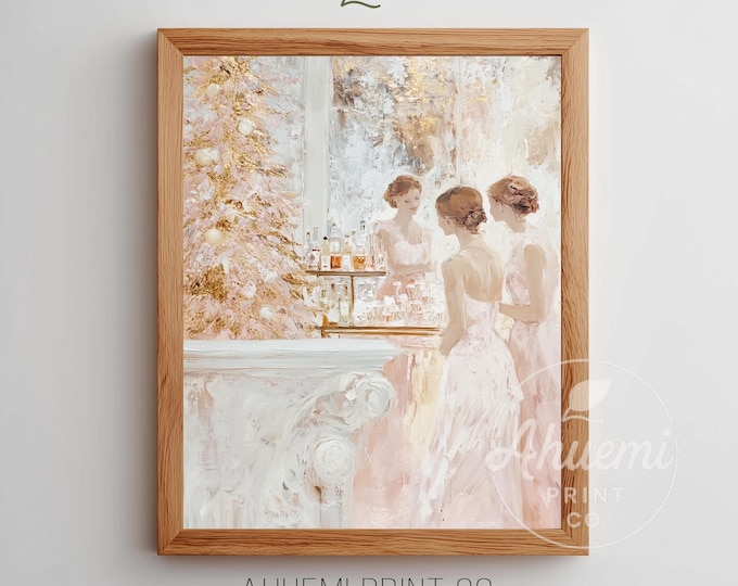 Pink Mid-Century Christmas Party Art Print – Glamorous Vintage Scene (Digital Download)