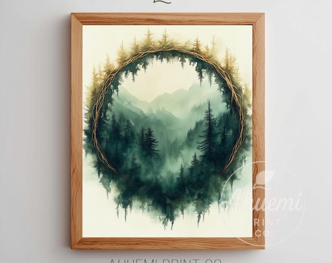 Printable Misty Pine Forest Wreath Art - Moody Cottagecore Wall Decor, Rustic Abstract Watercolor, Twig Gold Accents, Digital Download 226