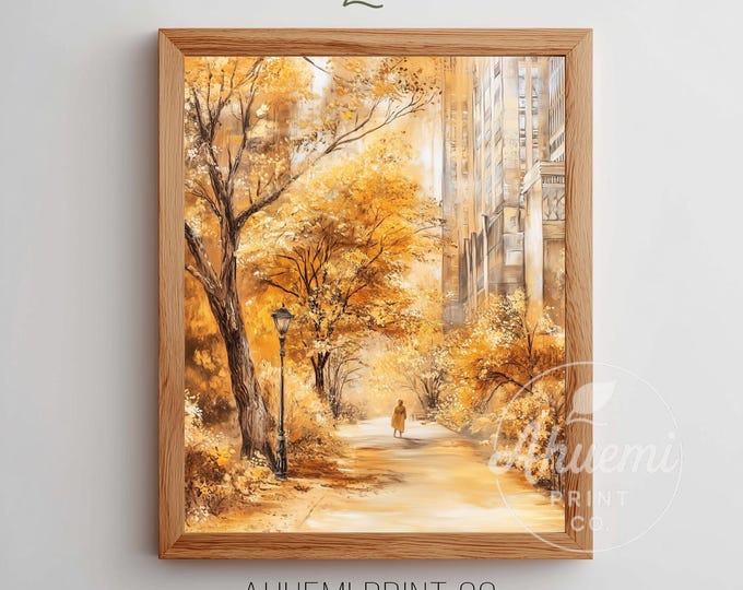 Golden Foliage Park Path Print - Vintage Urban Scene (Digital Download)
