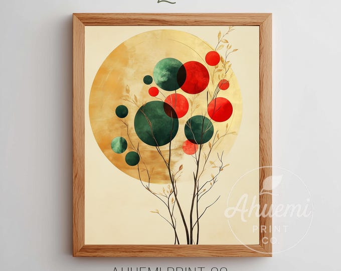 Printable Mistletoe Holiday Art - Modern Minimalist Botanical with Geometric Design, Festive Watercolor Style, Digital Download Decor 252