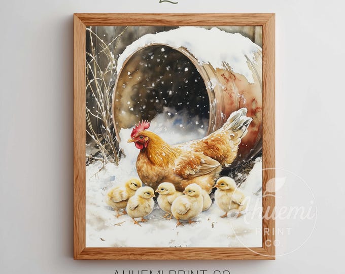 Hen and Chicks Farmhouse Print – Rustic Pastoral Illustration (Digital Download)