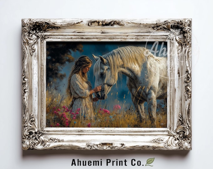 Cottagecore Woman with White Horse - Serene Meadow Scene, Romantic Pastoral Moment, Dreamy Twilight Colors, Printable Digital Wall Art 527
