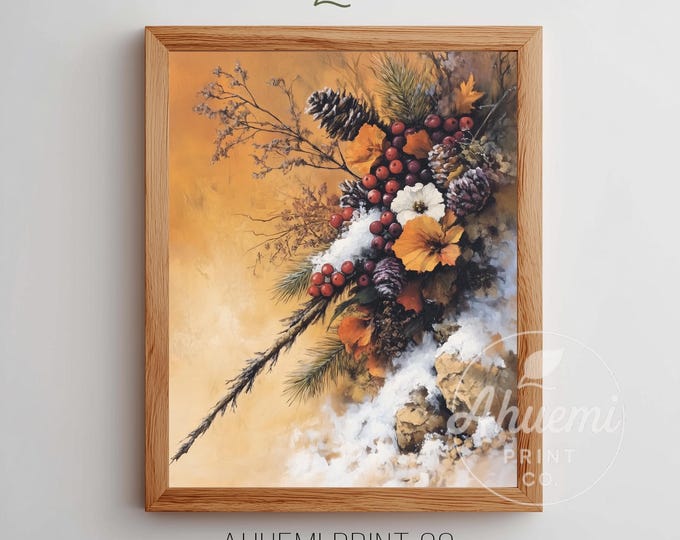 Rustic Winter Bouquet Printable - Vintage Pine Branch and Pinecones, Cozy Holiday Decor, Berries, Snowy Stones, Instant Digital Download 245