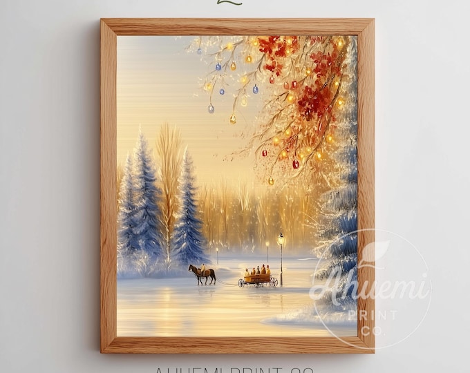 Winter Village Fair Painting - Festive Horse-Drawn Sleigh Scene, Cozy Snowy Evening Art, Romantic Christmas Printable Wall Art Download 235