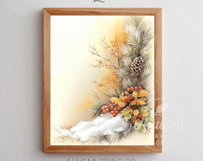 Vintage Pinecone and Winter Berries Print - Rustic Cozy Winter Scene, Muted Watercolor Painting, Festive Wall Art, Printable Download 250