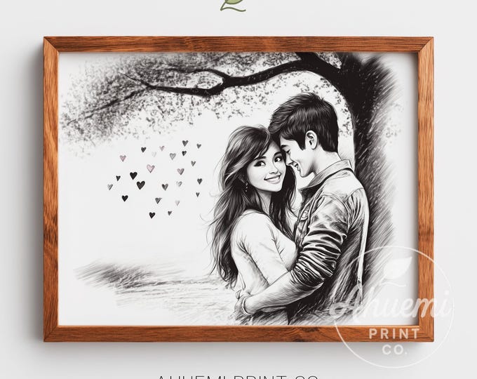 Romantic Hand-drawn Asian Couple Portrait - Intimate Mono Sketch with Heart Raindrops, Vintage Wall Art, Printable Instant Download 53