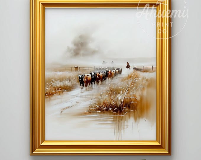 Rustic Cattle Drive Art Print, Farmhouse Landscape (Digital Download)