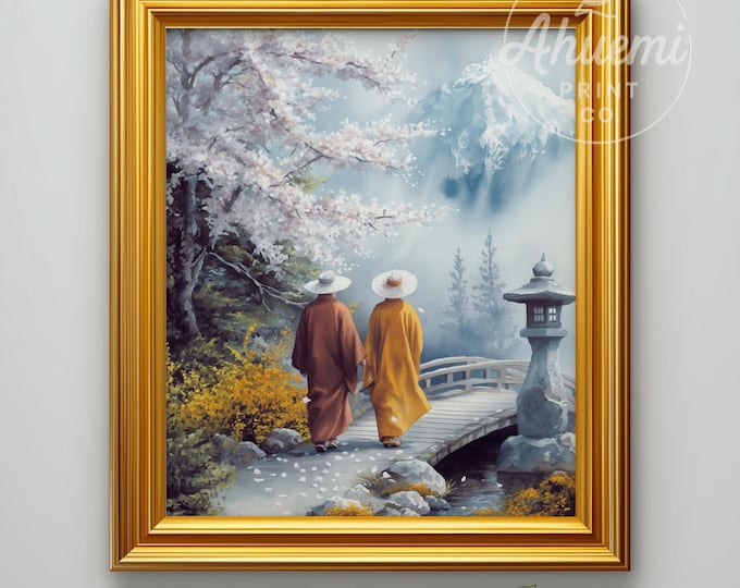 Printable Figures on Garden Path - Serene Japanese Zen Landscape, Fine-Line Watercolor, Peaceful Cherry Blossom Decor, Digital Art 571